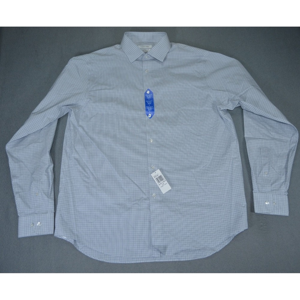 Calvin Klein Shirt Mens Large Blue Check Wrinkle Free Fresh Regular Fit Stretch